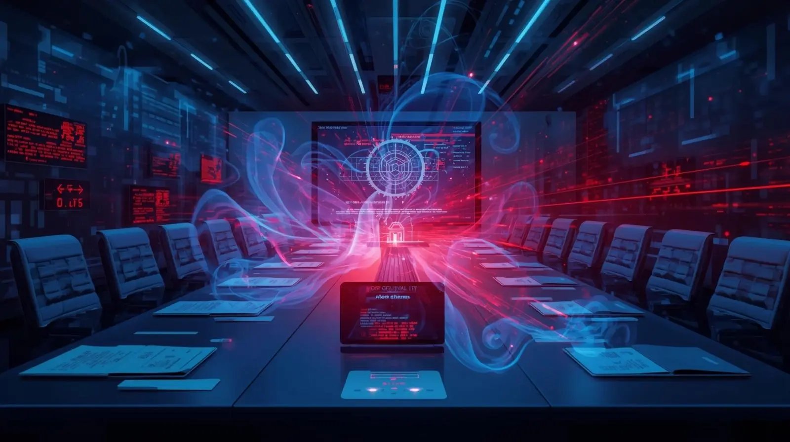 Create a visually striking digital illustration representing a cybersecurity Tabletop Exercise as a fire drill metaphor. Focus on symbolic elements_ a boardroom or office table with documents, lapt (1