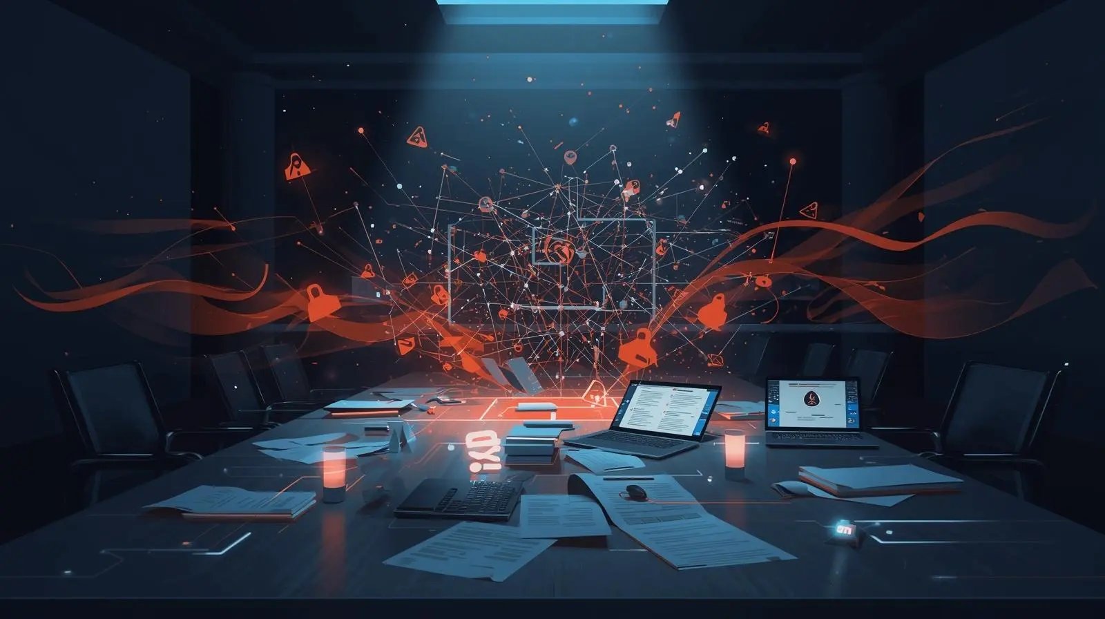 Create a visually striking digital illustration representing a cybersecurity Tabletop Exercise as a fire drill metaphor. Focus on symbolic elements_ a boardroom or office table with documents, laptops