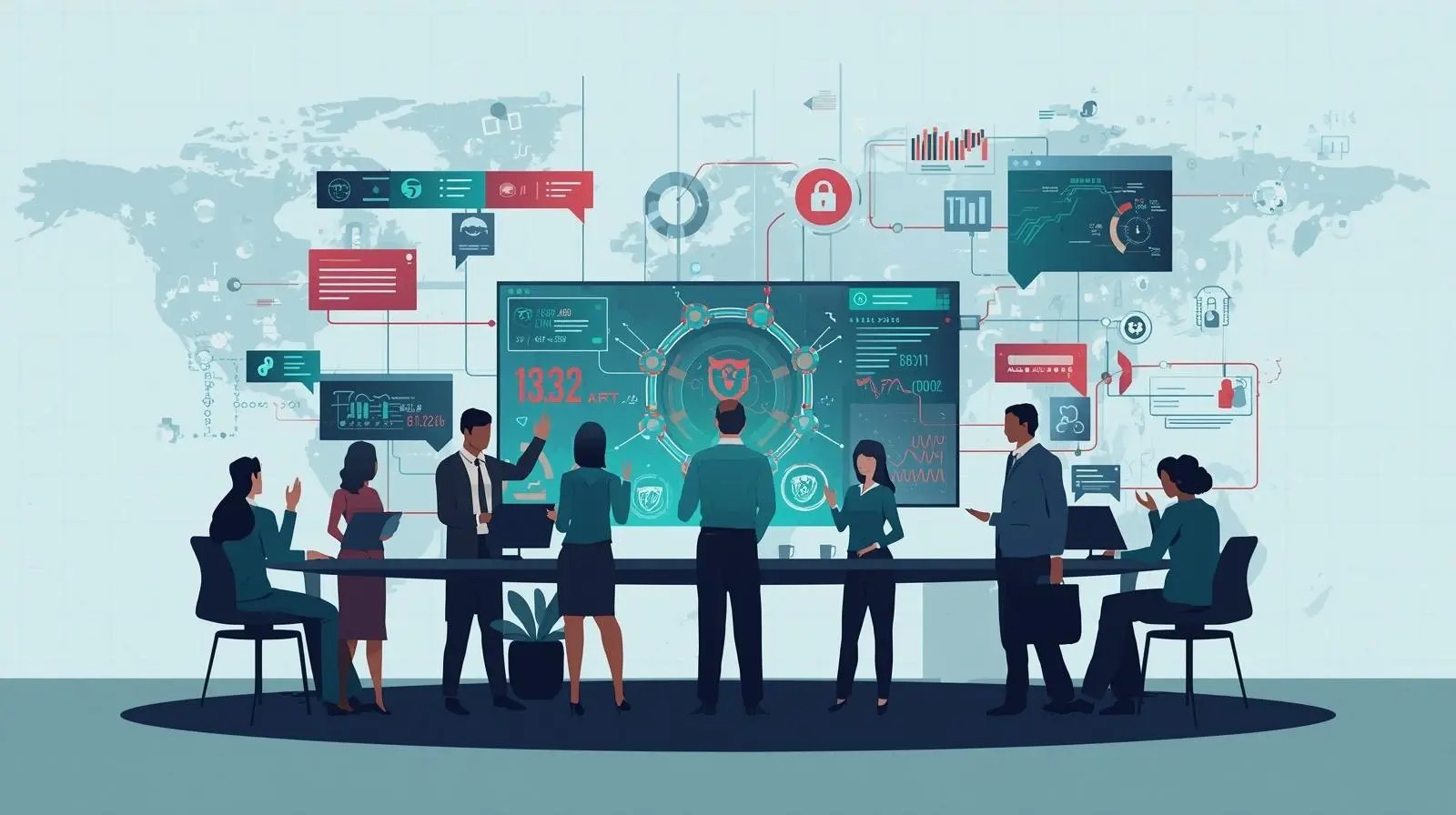 Create original, eye-catching graphics illustrating a cybersecurity tabletop exercise and cyber incident simulation. Focus on themes like teamwork, crisis response, digital defense, and decision-ma (1